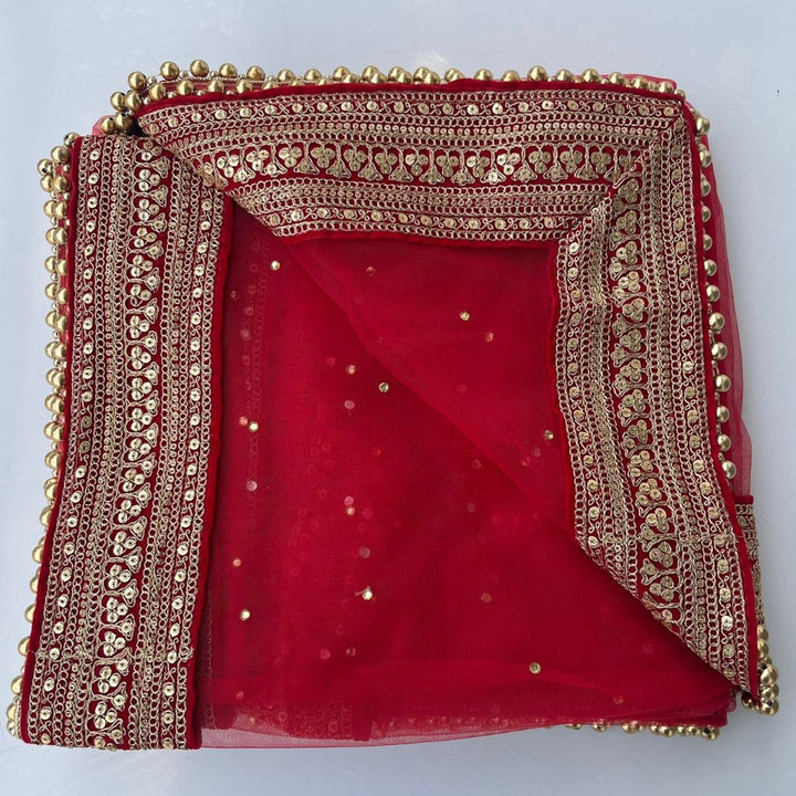 anokherang Dupattas Bridal Queen Red Trail Net Stone Embroidered Net Dupatta