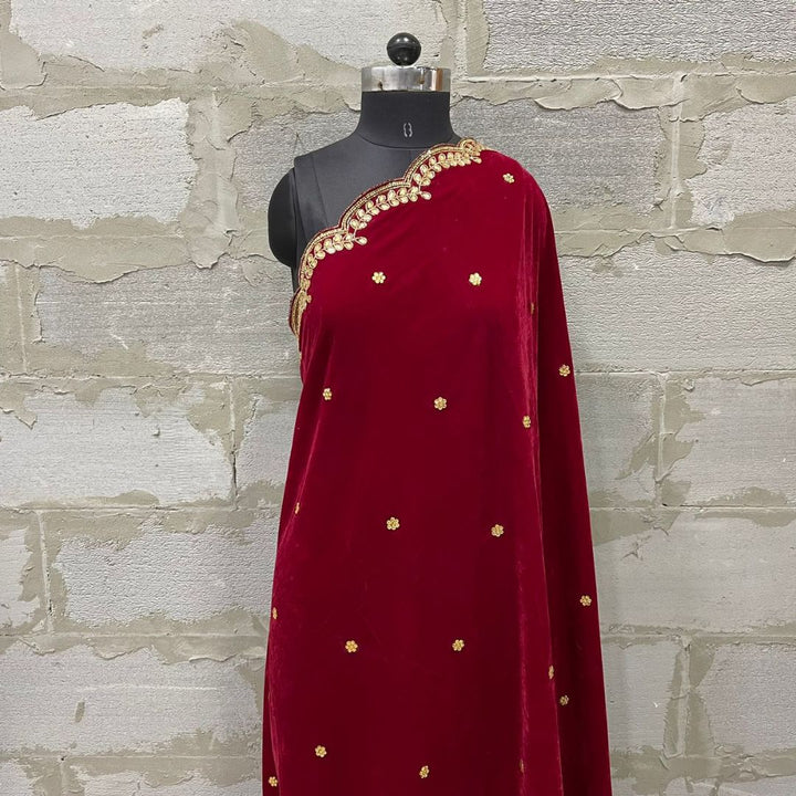 anokherang Dupattas Bridal Red Beauty Hand Embroidered Scalloped Velvet Dupatta