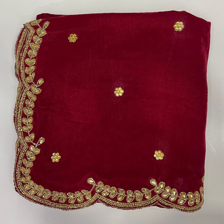 anokherang Dupattas Bridal Red Beauty Hand Embroidered Scalloped Velvet Dupatta