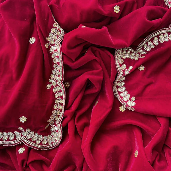 anokherang Dupattas Bridal Red Beauty Hand Embroidered Scalloped Velvet Dupatta