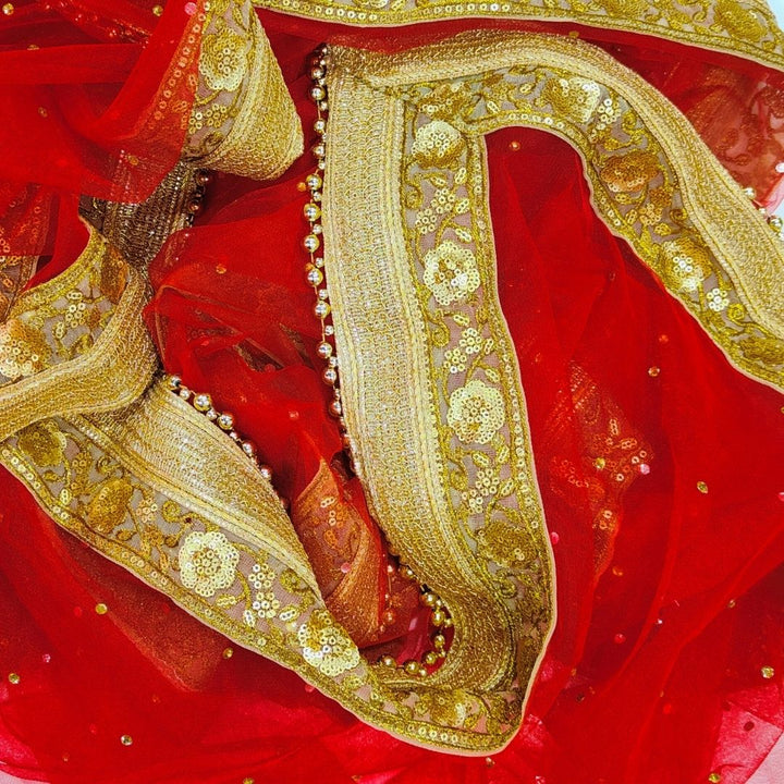 anokherang Dupattas Bridal Red Flower Stone Embroidered Net Dupatta