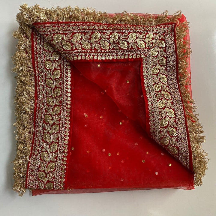 anokherang Dupattas Bridal Red Magic Embroidered Fringed Net Dupatta