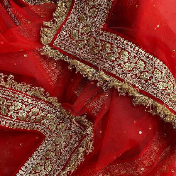 anokherang Dupattas Bridal Red Magic Embroidered Fringed Net Dupatta