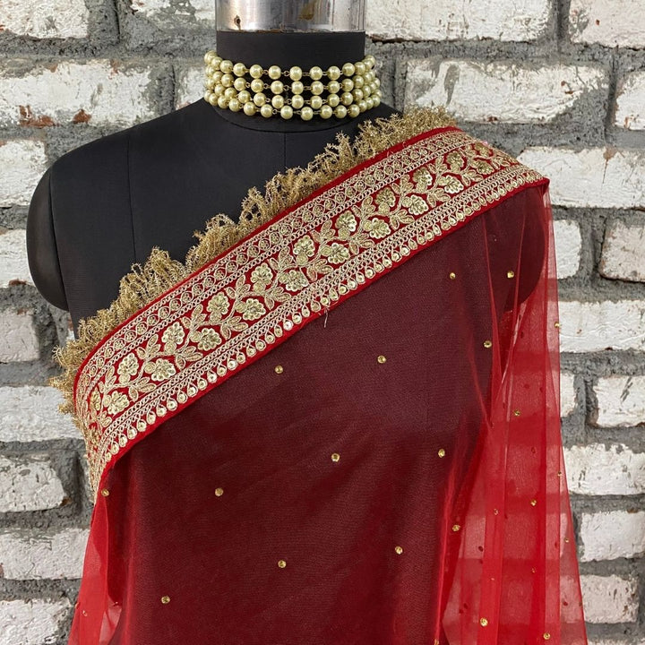 anokherang Dupattas Bridal Red Magic Embroidered Fringed Net Dupatta