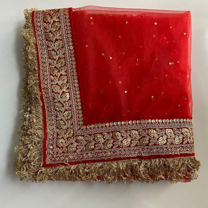 anokherang Dupattas Bridal Red Magic Embroidered Fringed Net Dupatta