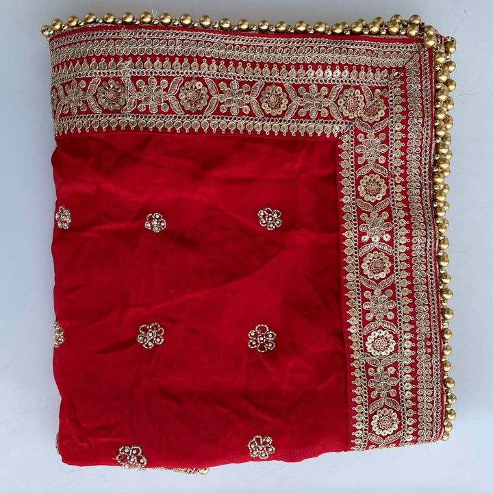 anokherang Dupattas Bridal Red Pearl Stone Hand Embroidered Silk Dupatta