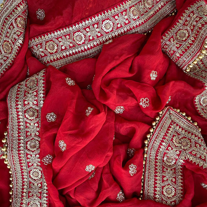 anokherang Dupattas Bridal Red Pearl Stone Hand Embroidered Silk Dupatta