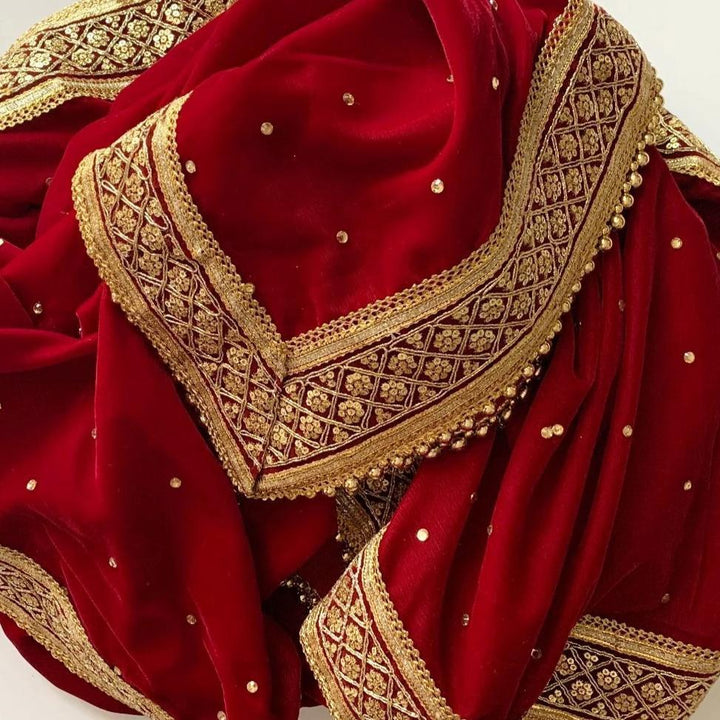 anokherang Dupattas Bridal Red Zari and Stone Embroidered Velvet Dupatta