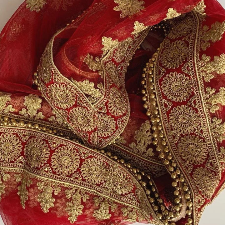 anokherang Dupattas Bridal Red Zari Velvet Embroidered Net Dupatta