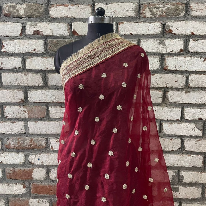 anokherang Dupattas Bridal Saugat Maroon Embroidered Fringed Organza Dupatta