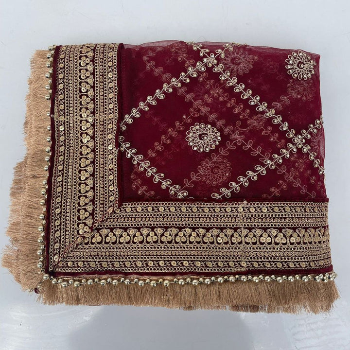 anokherang Dupattas Bridal Saugat Maroon Stone Hand Embroidered Net Dupatta