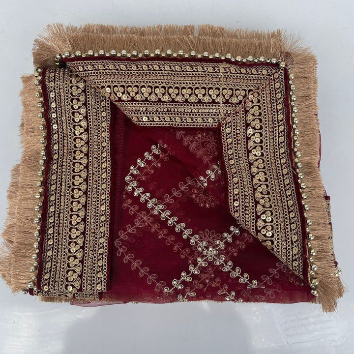 anokherang Dupattas Bridal Saugat Maroon Stone Hand Embroidered Net Dupatta