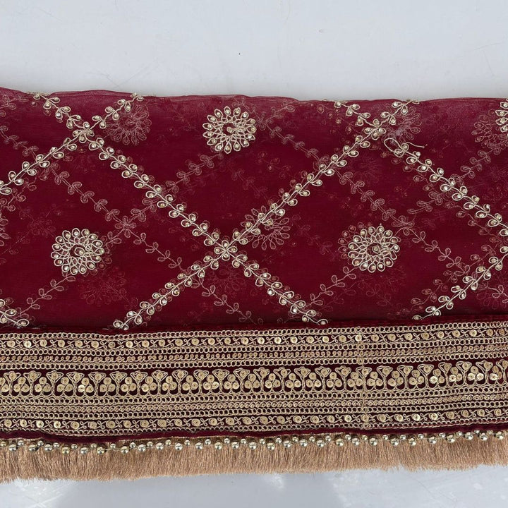 anokherang Dupattas Bridal Saugat Maroon Stone Hand Embroidered Net Dupatta