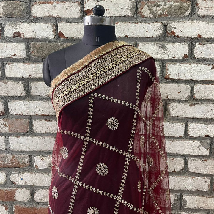 anokherang Dupattas Bridal Saugat Maroon Stone Hand Embroidered Net Dupatta