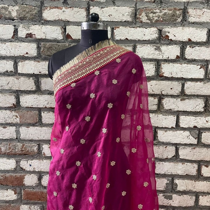 anokherang Dupattas Bridal Saugat Pink Embroidered Fringed Organza Dupatta