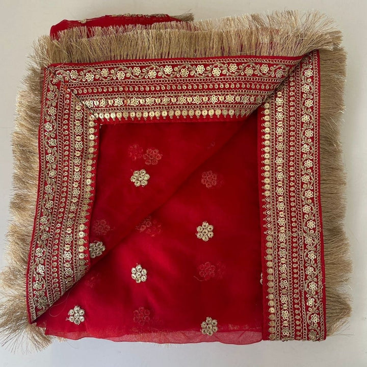 anokherang Dupattas Bridal Saugat Red Embroidered Fringed Organza Dupatta