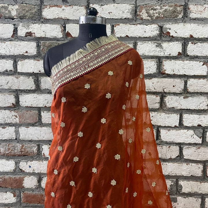 anokherang Dupattas Bridal Saugat Rust Embroidered Fringed Organza Dupatta