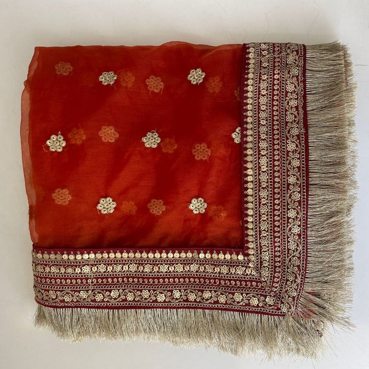 anokherang Dupattas Bridal Saugat Rust Embroidered Fringed Organza Dupatta