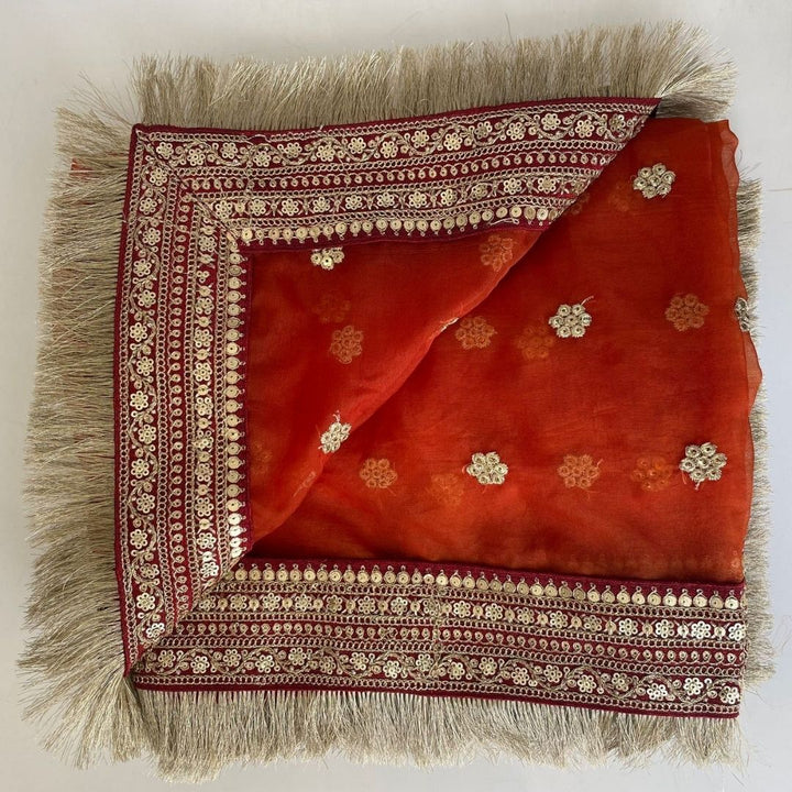 anokherang Dupattas Bridal Saugat Rust Embroidered Fringed Organza Dupatta