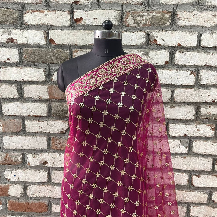 anokherang Dupattas Bridal Swagat Pink Zari Embroidered Net Sequin Dupatta