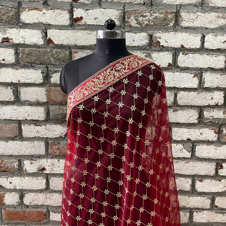 anokherang Dupattas Bridal Swagat Red Zari Embroidered Net Sequin Dupatta
