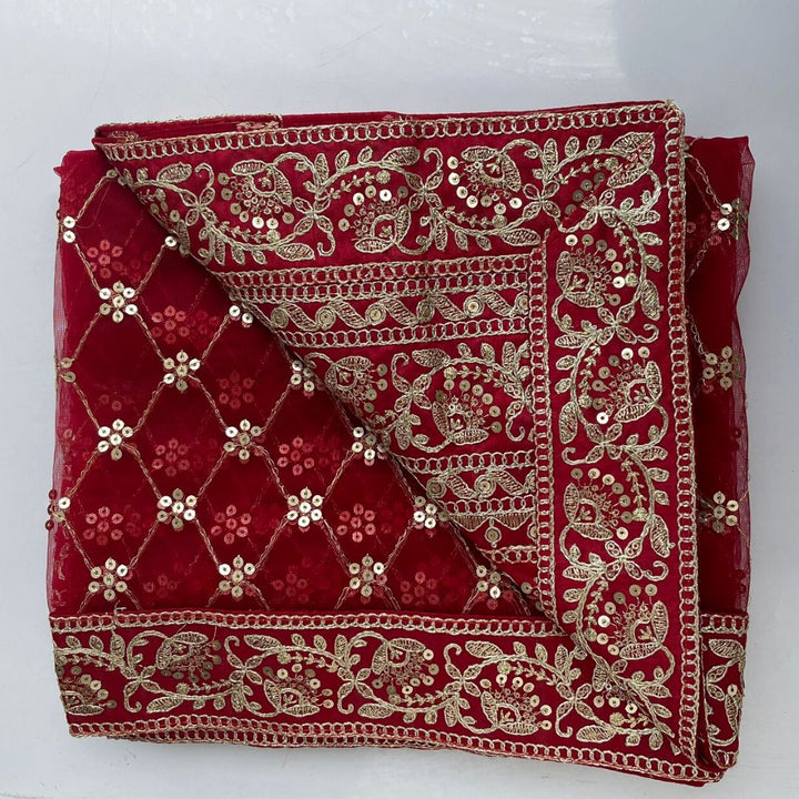 anokherang Dupattas Bridal Swagat Red Zari Embroidered Net Sequin Dupatta