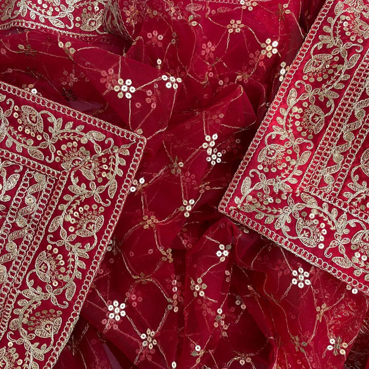 anokherang Dupattas Bridal Swagat Red Zari Embroidered Net Sequin Dupatta