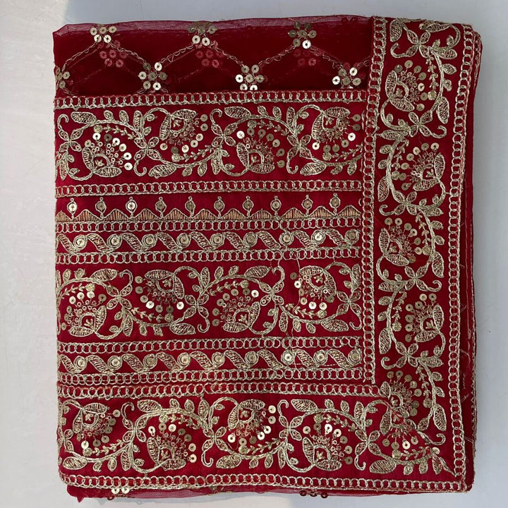 anokherang Dupattas Bridal Swagat Red Zari Embroidered Net Sequin Dupatta