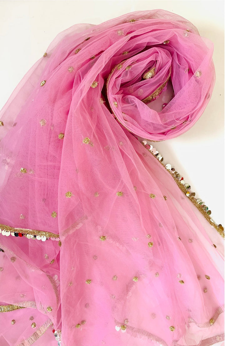 anokherang Dupattas BubbleGum Pink Net Sequins Jhilmil Dupatta