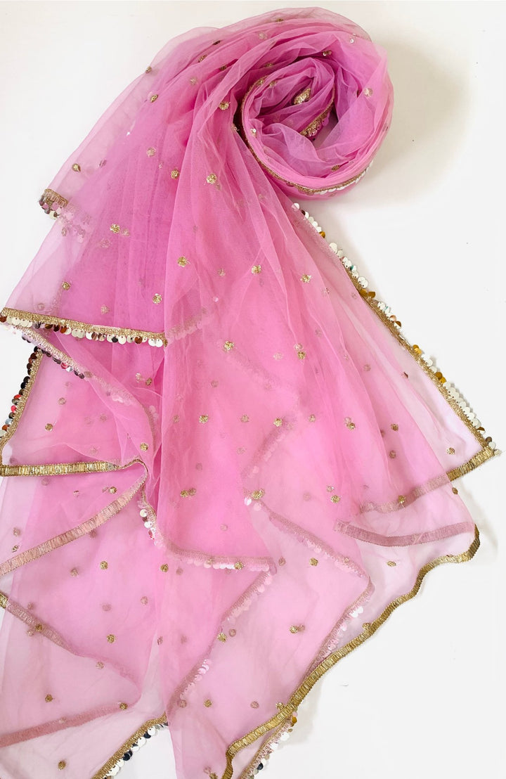 anokherang Dupattas BubbleGum Pink Net Sequins Jhilmil Dupatta