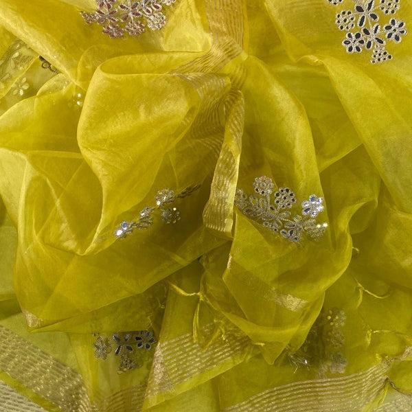 anokherang Dupattas Classic Lime Yellow Embroidered Organza Dupatta