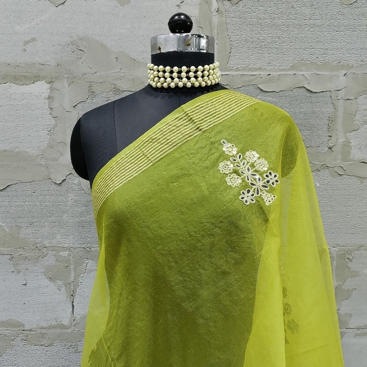 anokherang Dupattas Classic Lime Yellow Embroidered Organza Dupatta