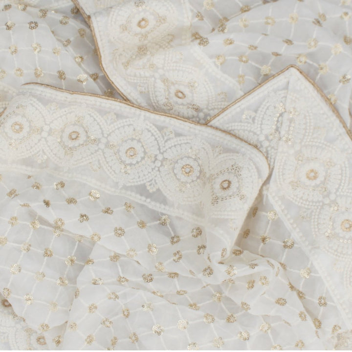 anokherang Dupattas Cleopatra Ivory Gold Sequenced Thread Embroidered Chiffon Dupatta