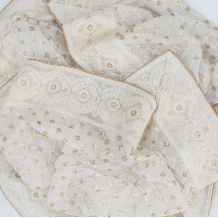 anokherang Dupattas Cleopatra Ivory Gold Sequenced Thread Embroidered Chiffon Dupatta