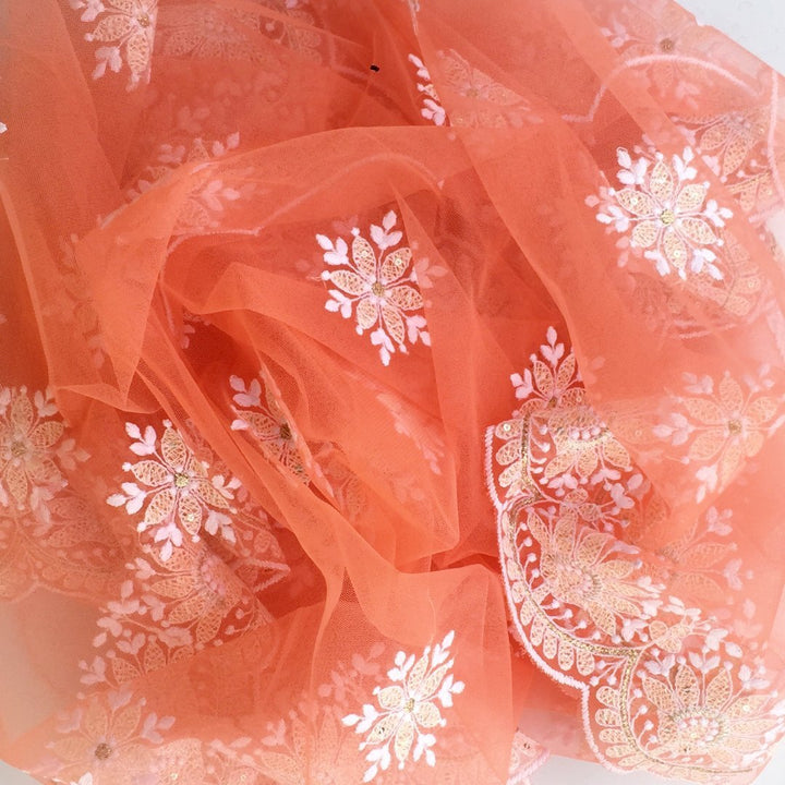 anokherang Dupattas Coral Chikankari Embroidered Net Dupatta