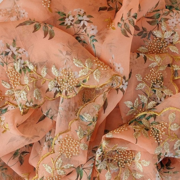 anokherang Dupattas Coral leaf Printed pearl Embroidered Organza Scalloped Dupatta