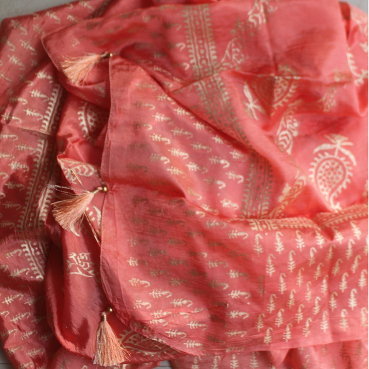anokherang Dupattas Coral Orange Gold foil Dupatta