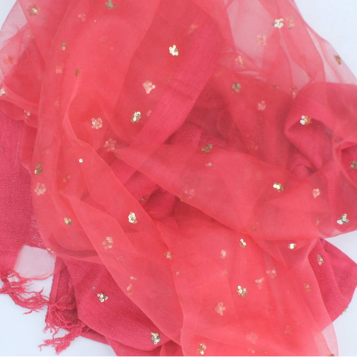 anokherang Dupattas Coral Pink Sequenced Organza Dupatta