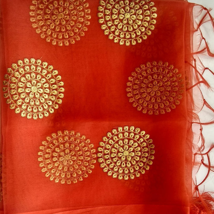 anokherang Dupattas Default Title Orange Gold Thread Embroidered Organza Dupatta