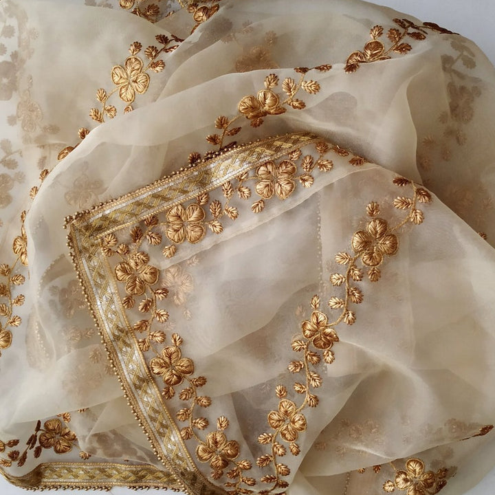 anokherang Dupattas Floral Gold Thread Embroidered Tissue Dupatta
