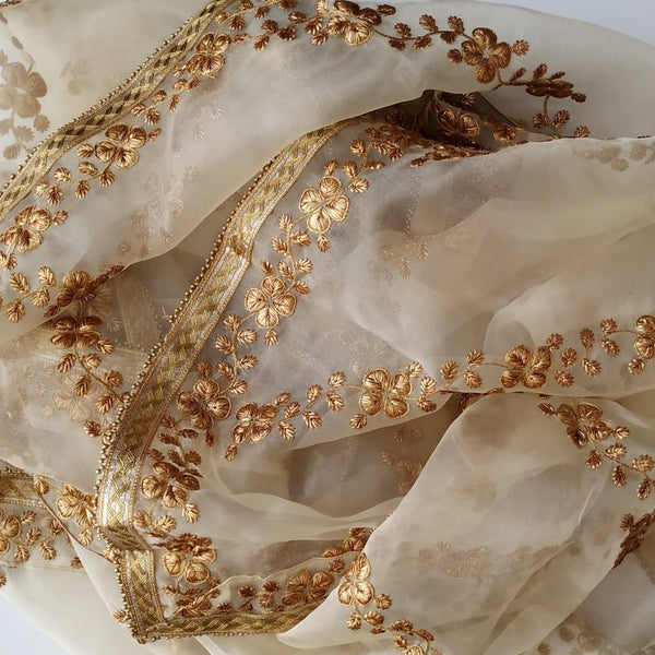 anokherang Dupattas Floral Gold Thread Embroidered Tissue Dupatta