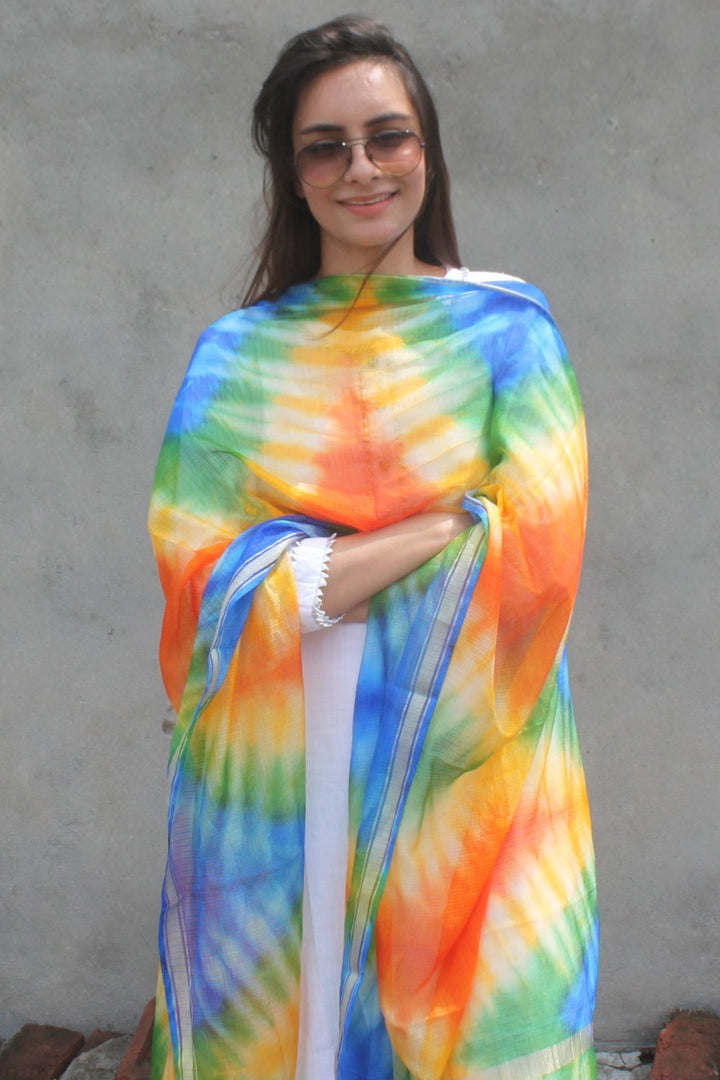anokherang Dupattas Freedom Blue Tie-Dye Kota Dupatta