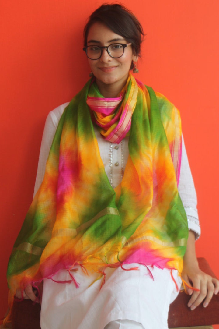 anokherang Dupattas Freedom Green Tie-Dye Kota Dupatta