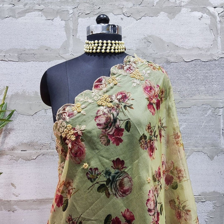 anokherang Dupattas Fresh Green Floral Printed Scalloped Organza Dupatta