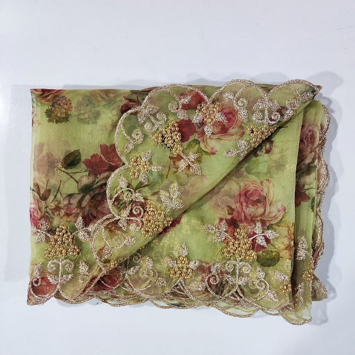 anokherang Dupattas Fresh Green Floral Printed Scalloped Organza Dupatta