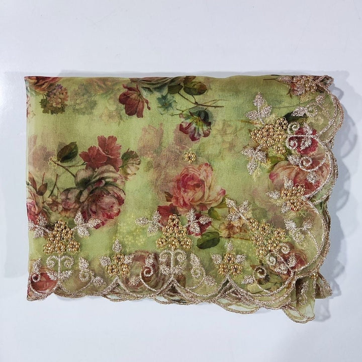 anokherang Dupattas Fresh Green Floral Printed Scalloped Organza Dupatta