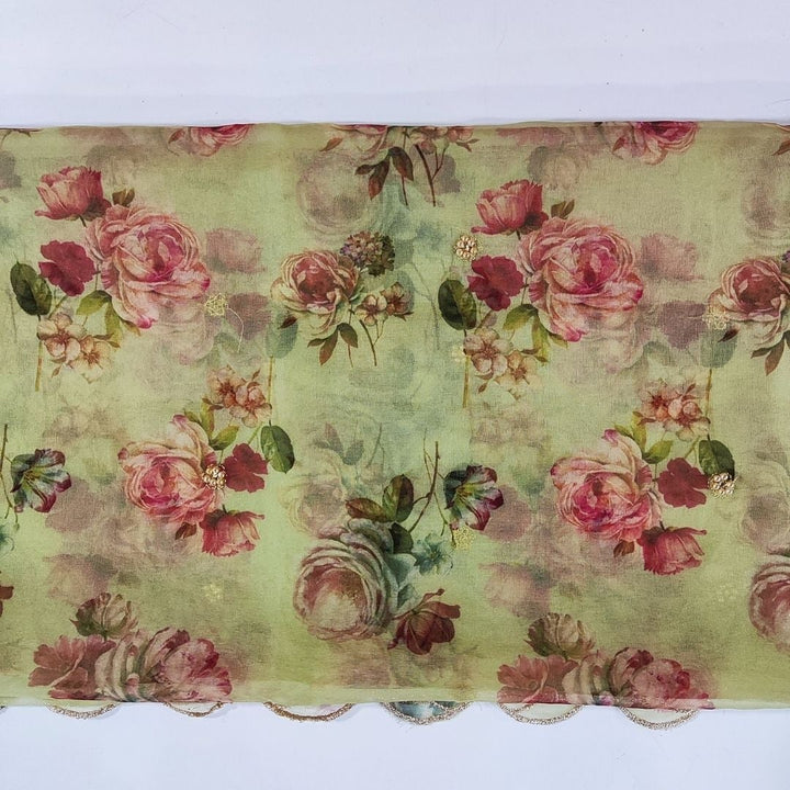 anokherang Dupattas Fresh Green Floral Printed Scalloped Organza Dupatta