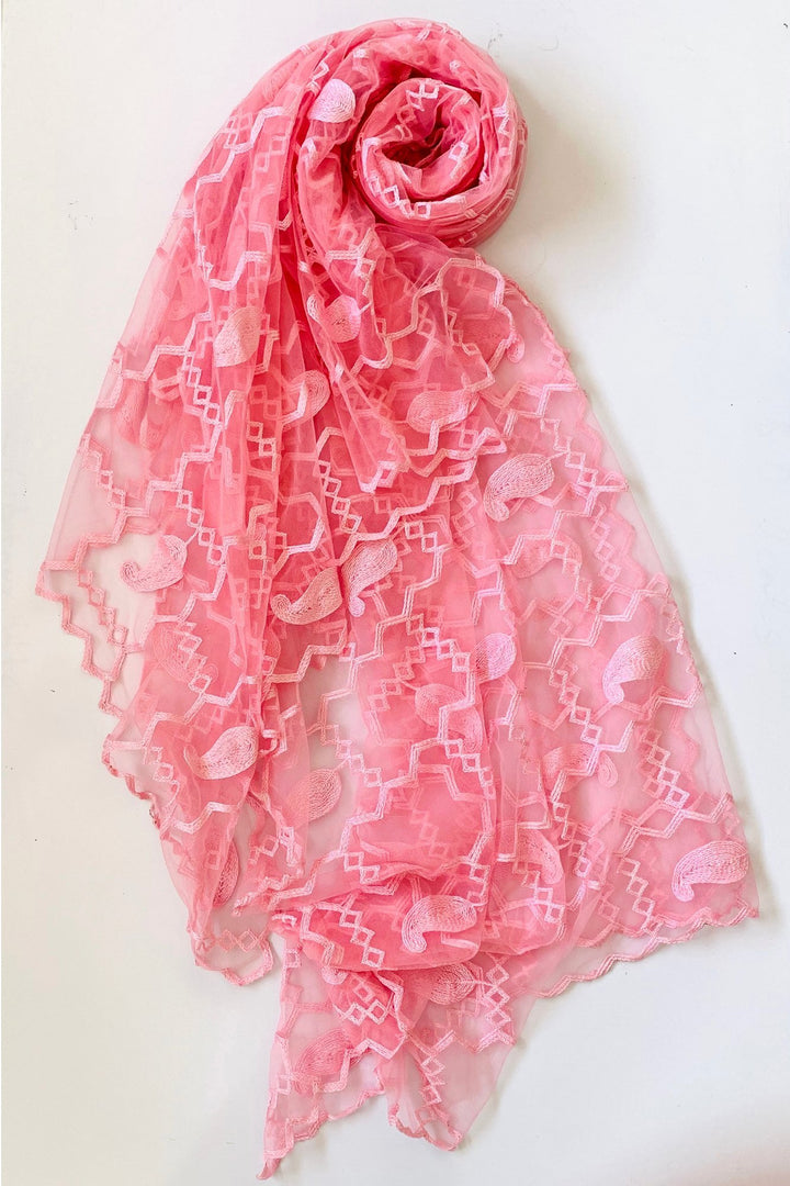 anokherang Dupattas Fuscia Pink Zig-Zag Embroidered Net Dupatta