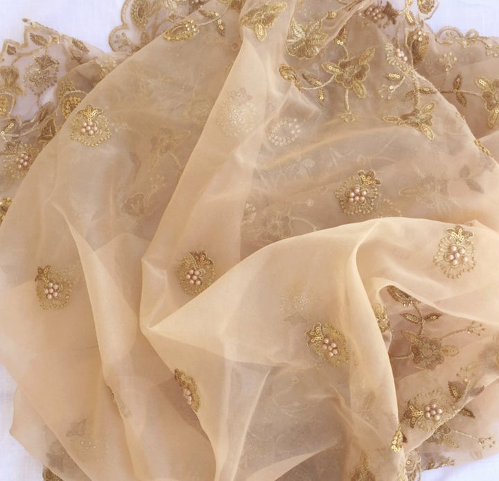anokherang Dupattas Gold Thread and Pearls Embroidered Organza Dupatta