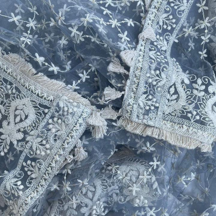 anokherang Dupattas Gray Floral Chikankari Net Dupatta